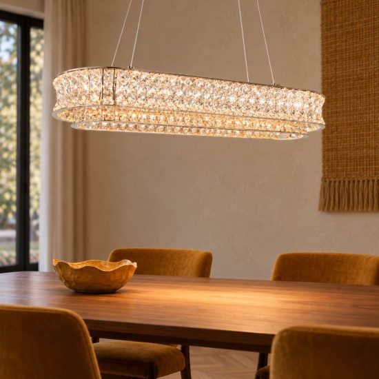 Lampadario per soggiorno led 52w cct 2300k 3000k 4000k rettangolare cromo con cristalli trasparenti