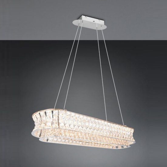 Lampadario per soggiorno led 52w cct 2300k 3000k 4000k rettangolare cromo con cristalli trasparenti