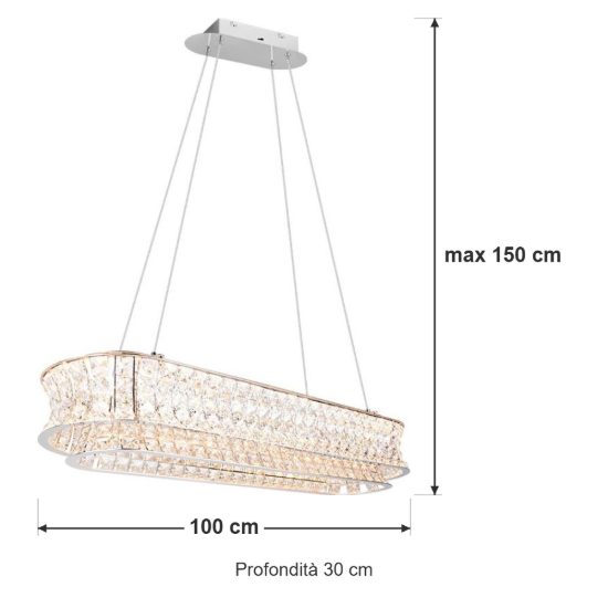 Lampadario per soggiorno led 52w cct 2300k 3000k 4000k rettangolare cromo con cristalli trasparenti