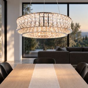 Lampadario per soggiorno led 42w cct 2300k 3000k 4000k rotondo cromo con cristalli trasparenti