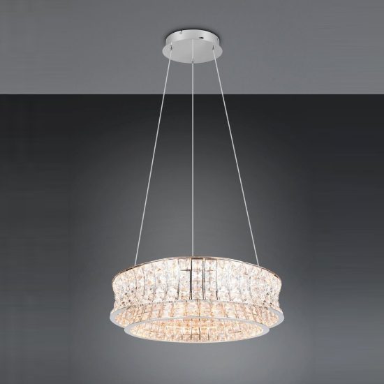 Lampadario per soggiorno led 42w cct 2300k 3000k 4000k rotondo cromo con cristalli trasparenti