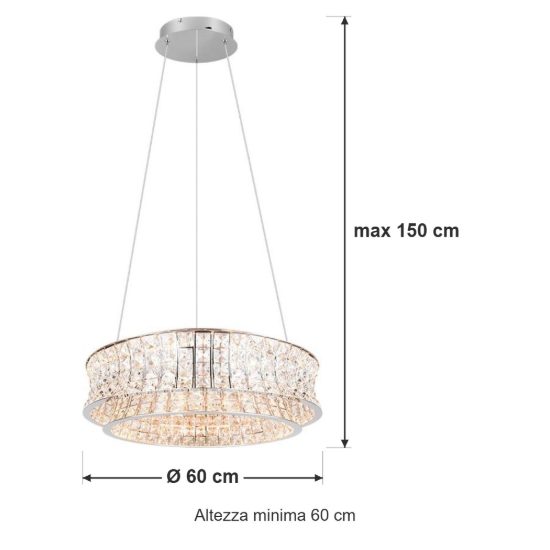 Lampadario per soggiorno led 42w cct 2300k 3000k 4000k rotondo cromo con cristalli trasparenti