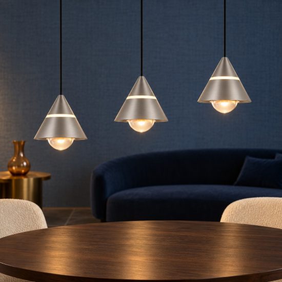 Lampadario 3 luci led 21w cct 2300k 3000k 4000k lineare nichel opaco con diffusori conici