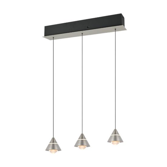Lampadario 3 luci led 21w cct 2300k 3000k 4000k lineare nichel opaco con diffusori conici