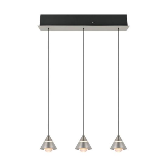 Lampadario 3 luci led 21w cct 2300k 3000k 4000k lineare nichel opaco con diffusori conici