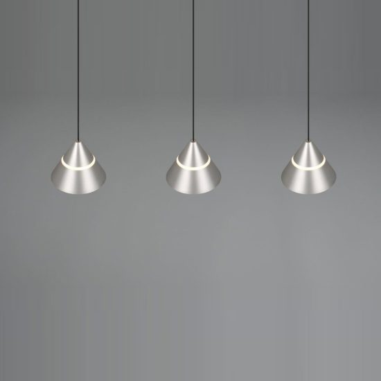 Lampadario 3 luci led 21w cct 2300k 3000k 4000k lineare nichel opaco con diffusori conici