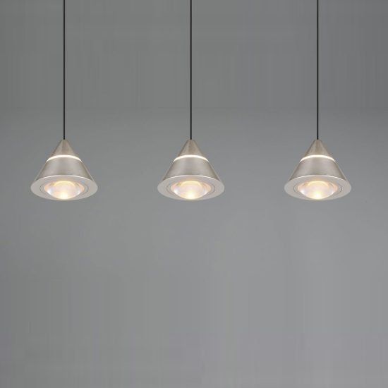 Lampadario 3 luci led 21w cct 2300k 3000k 4000k lineare nichel opaco con diffusori conici