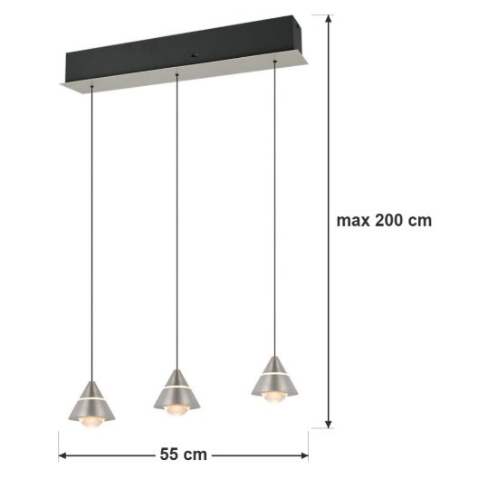 Lampadario 3 luci led 21w cct 2300k 3000k 4000k lineare nichel opaco con diffusori conici