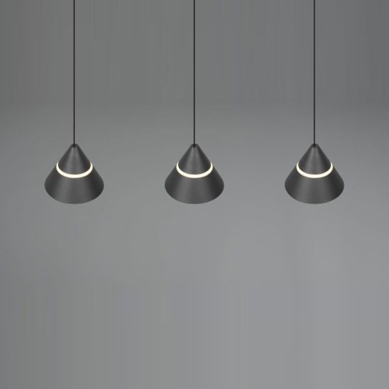 Lampadario 3 luci led 21w cct 2300k 3000k 4000k lineare nero con diffusori conici