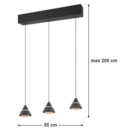 Lampadario 3 luci led 21w cct 2300k 3000k 4000k lineare nero con diffusori conici