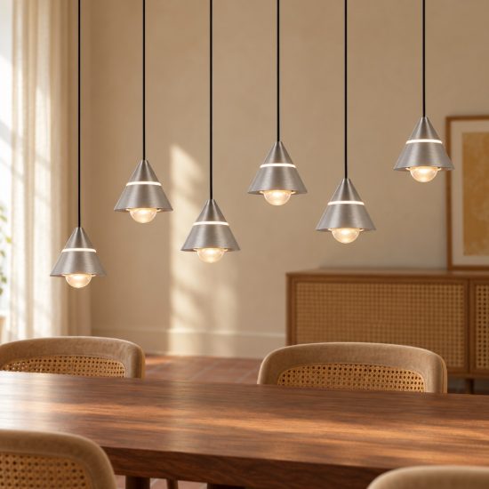 Lampadario 6 luci led 42w cct 2300k 3000k 4000k rettangolare nichel opaco con diffusori conici