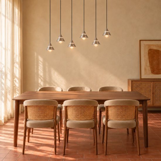 Lampadario 6 luci led 42w cct 2300k 3000k 4000k rettangolare nichel opaco con diffusori conici