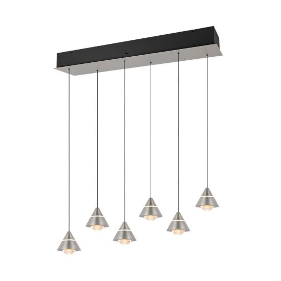 Lampadario 6 luci led 42w cct 2300k 3000k 4000k rettangolare nichel opaco con diffusori conici