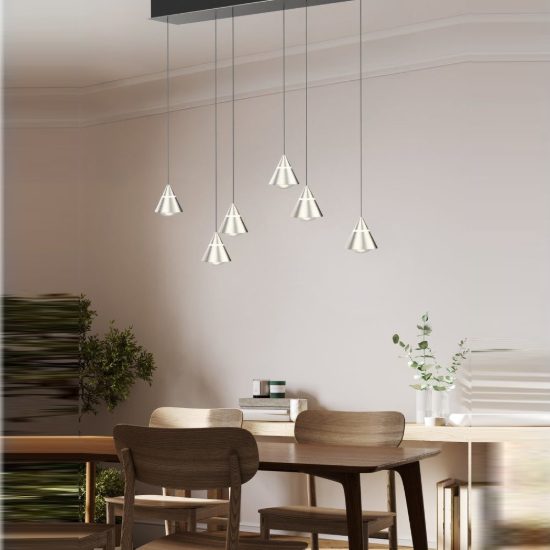 Lampadario 6 luci led 42w cct 2300k 3000k 4000k rettangolare nichel opaco con diffusori conici
