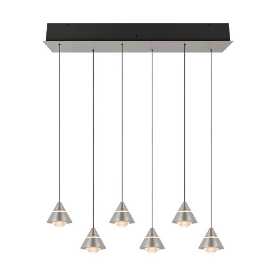 Lampadario 6 luci led 42w cct 2300k 3000k 4000k rettangolare nichel opaco con diffusori conici