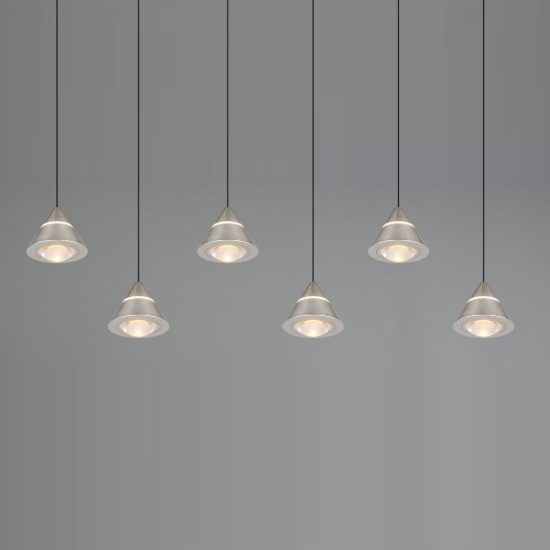 Lampadario 6 luci led 42w cct 2300k 3000k 4000k rettangolare nichel opaco con diffusori conici