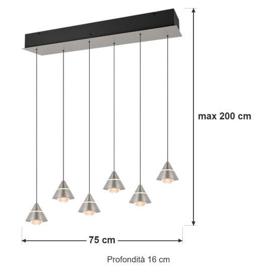 Lampadario 6 luci led 42w cct 2300k 3000k 4000k rettangolare nichel opaco con diffusori conici