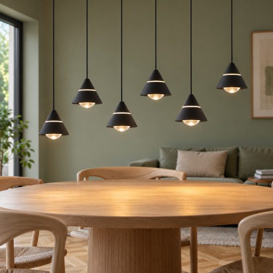 Lampadario 6 luci led 42w cct 2300k 3000k 4000k rettangolare nero con diffusori conici