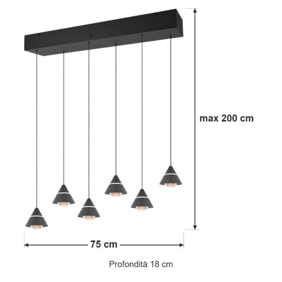 Lampadario 6 luci led 42w cct 2300k 3000k 4000k rettangolare nero con diffusori conici