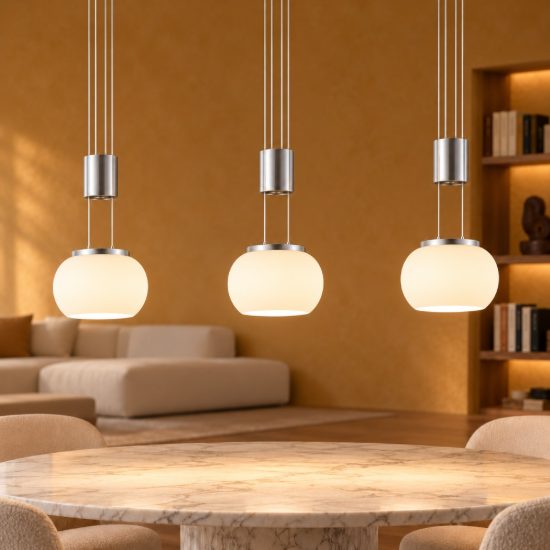Lampadario a sospensione 3 luci per salotto led 24w 3000k nichel opaco con sfere in vetro bianco