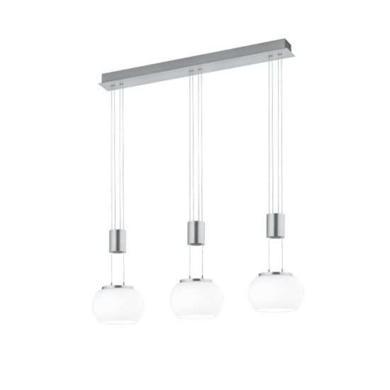 Lampadario a sospensione 3 luci per salotto led 24w 3000k nichel opaco con sfere in vetro bianco