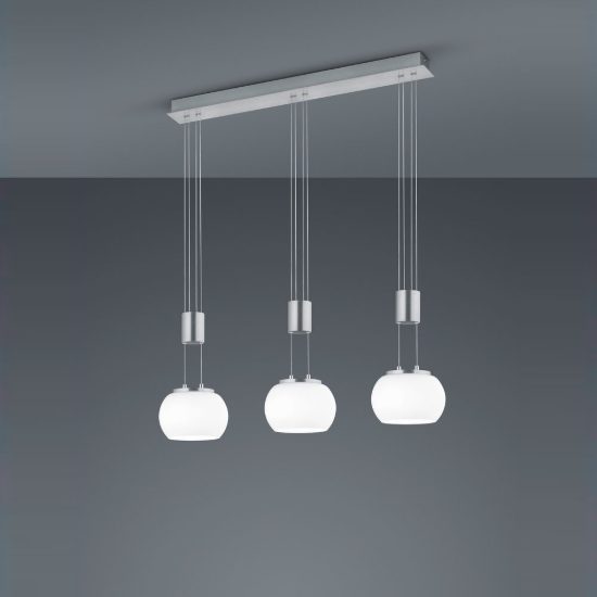 Lampadario a sospensione 3 luci per salotto led 24w 3000k nichel opaco con sfere in vetro bianco