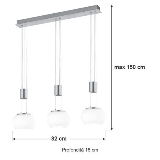 Lampadario a sospensione 3 luci per salotto led 24w 3000k nichel opaco con sfere in vetro bianco
