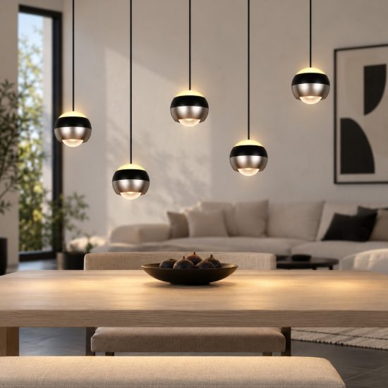 Lampadario 5 luci per salotto led 40w cct 2300k 3000k 4000k bi-emissione lineare nichel opaco nero