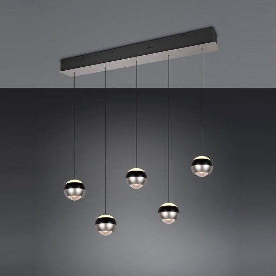 Lampadario 5 luci per salotto led 40w cct 2300k 3000k 4000k bi-emissione lineare nichel opaco nero