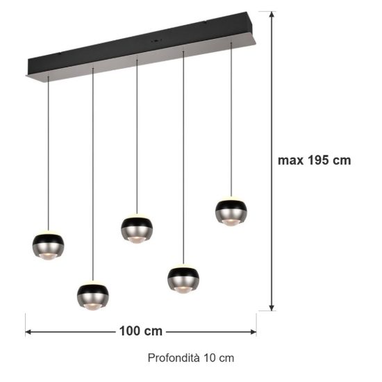 Lampadario 5 luci per salotto led 40w cct 2300k 3000k 4000k bi-emissione lineare nichel opaco nero