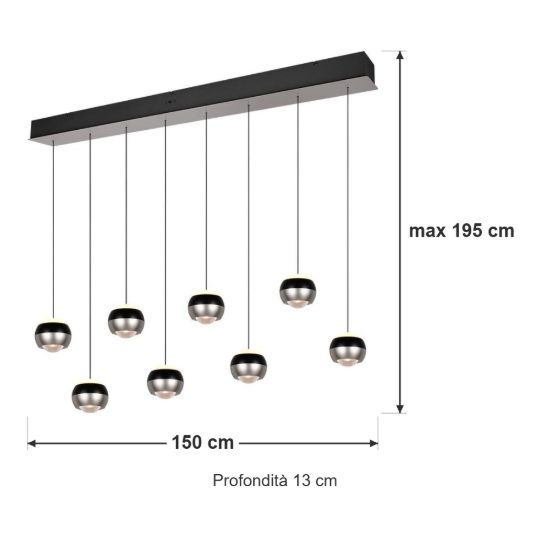 Lampadario 8 luci per salotto led 64w cct 2300k 3000k 4000k bi-emissione lineare nichel opaco nero