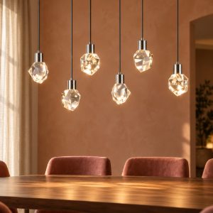 Lampadario 6 luci per soggiorno led 33w cct 2300k 3000k 4000k lineare cromo con diffusori in cristallo