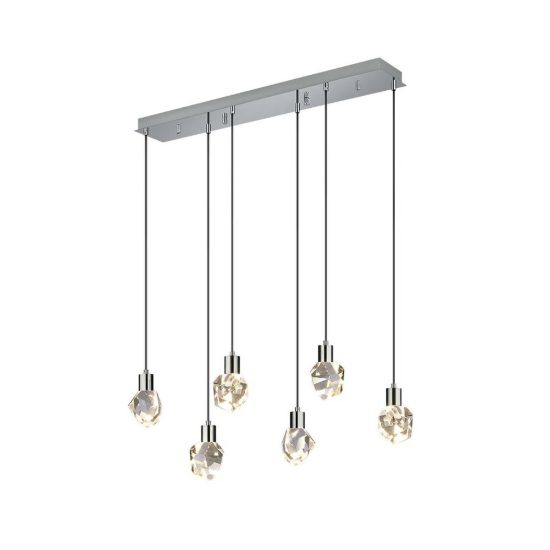 Lampadario 6 luci per soggiorno led 33w cct 2300k 3000k 4000k lineare cromo con diffusori in cristallo