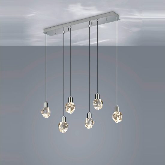 Lampadario 6 luci per soggiorno led 33w cct 2300k 3000k 4000k lineare cromo con diffusori in cristallo