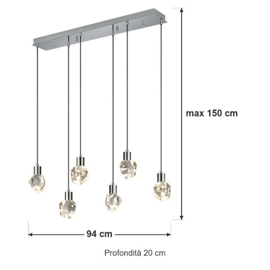 Lampadario 6 luci per soggiorno led 33w cct 2300k 3000k 4000k lineare cromo con diffusori in cristallo