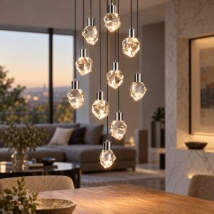 Lampadario 10 luci per soggiorno led 55w cct 2300k 3000k 4000k cromo con diffusori in cristallo