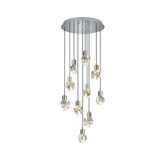 Lampadario 10 luci per soggiorno led 55w cct 2300k 3000k 4000k cromo con diffusori in cristallo