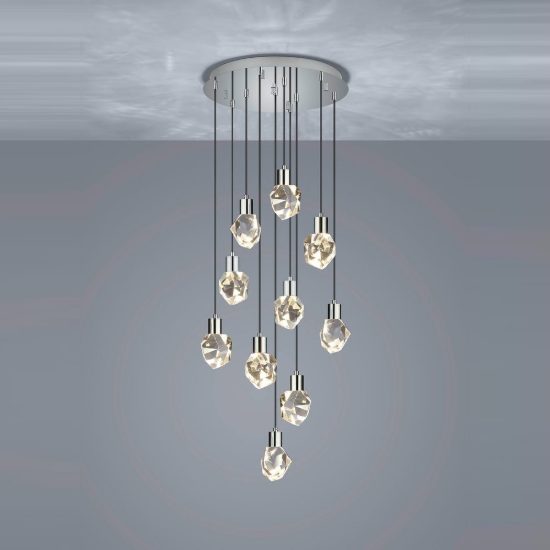 Lampadario 10 luci per soggiorno led 55w cct 2300k 3000k 4000k cromo con diffusori in cristallo