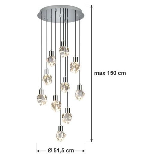 Lampadario 10 luci per soggiorno led 55w cct 2300k 3000k 4000k cromo con diffusori in cristallo