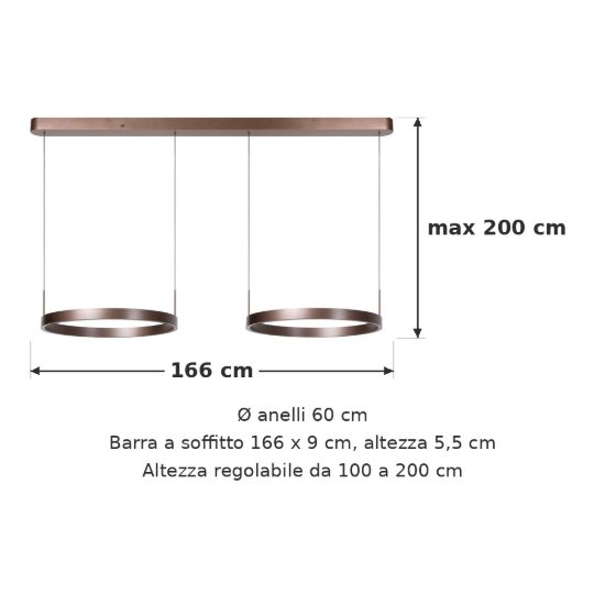 Lampadario con 2 pendenti ad anello per sala da pranzo moderno caffe led 90w cct 2700k 3000k 4000k