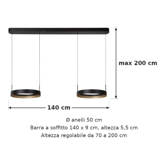 Lampadario con 2 pendenti ad anello nero champagne led 76w cct 2200k 2700k 3000k