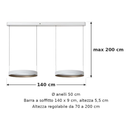 Lampadario con 2 pendenti ad anello bianco champagne led 76w cct 2200k 2700k 3000k