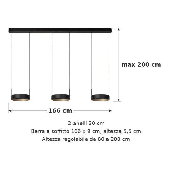Lampadario con 3 pendenti ad anello per cucina nero champagne led 55,8w cct 2200k 2700k 3000k