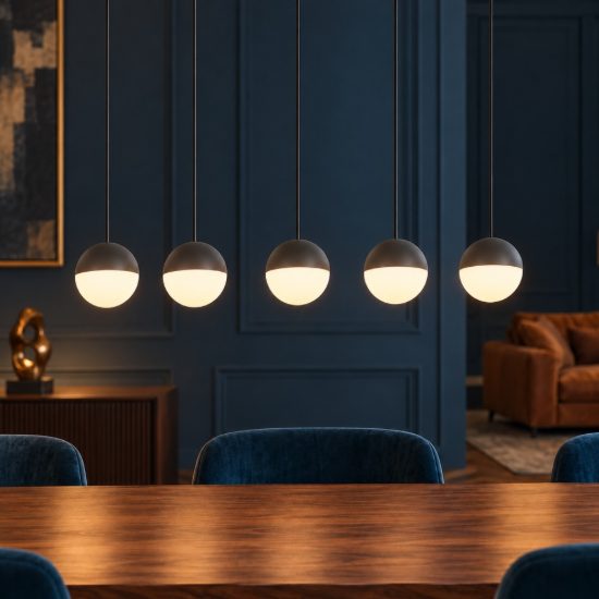 Lampadario 5 luci per sala da pranzo led 25w 3000k lineare antracite con sfere antracite bianche