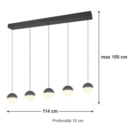 Lampadario 5 luci per sala da pranzo led 25w 3000k lineare antracite con sfere antracite bianche