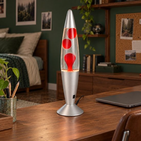 Lampada da tavolo led 2w 3000k effetto lava per cameretta a forma di razzo titanio con magma rosso
