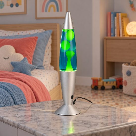 Lampada da tavolo led 2w 3000k effetto lava per cameretta a forma di razzo titanio con magma giallo