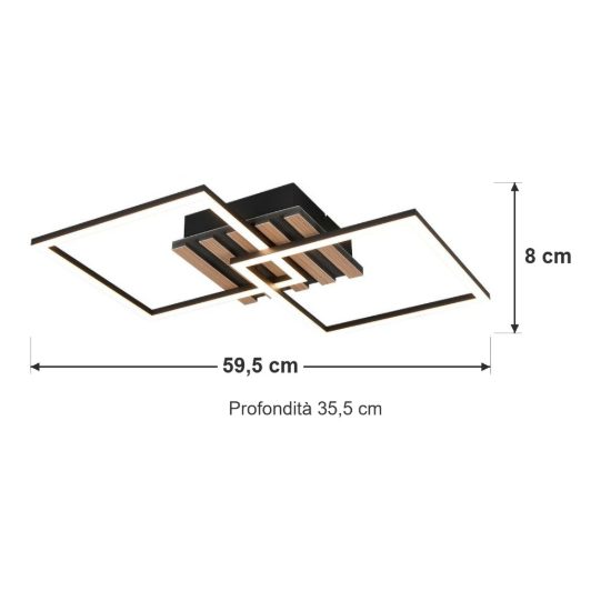 Plafoniera led 20w 3000k per soggiorno moderna nera effetto legno con 2 quadrati orientabili
