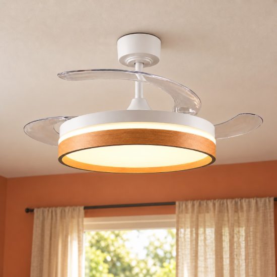 Ventilatore da soffitto led 30w cct 2700k 6500k con telecomando pale a scomparsa bianco legno