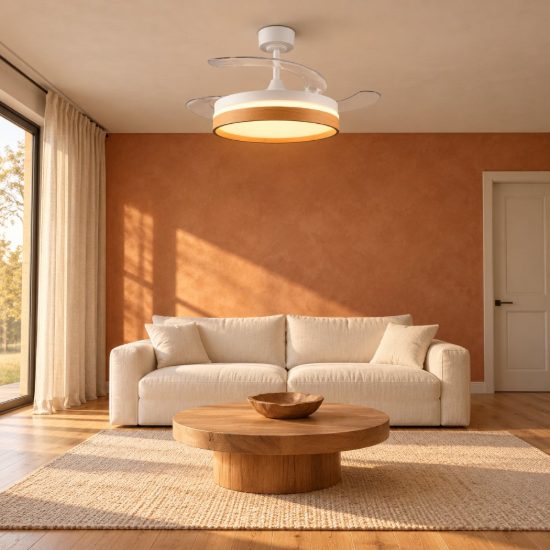 Ventilatore da soffitto led 30w cct 2700k 6500k con telecomando pale a scomparsa bianco legno